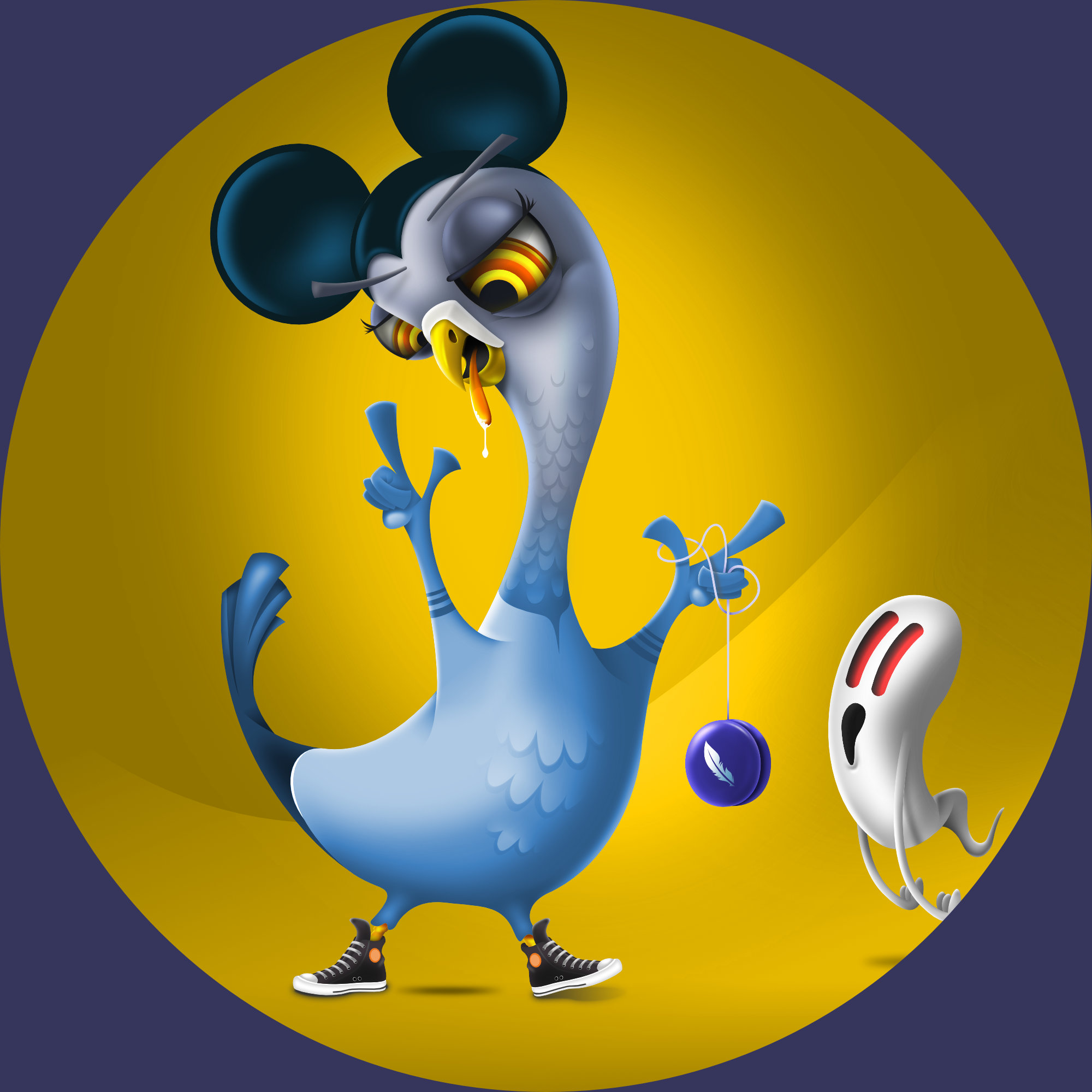 Mickey Mouse ears Pigeon with sneakers and a ghost as a friend