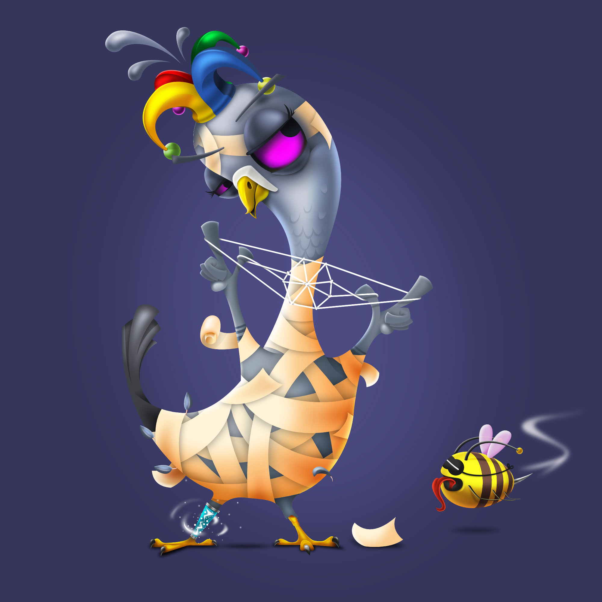 Clown Pigeon with a mummy body and a bee friend