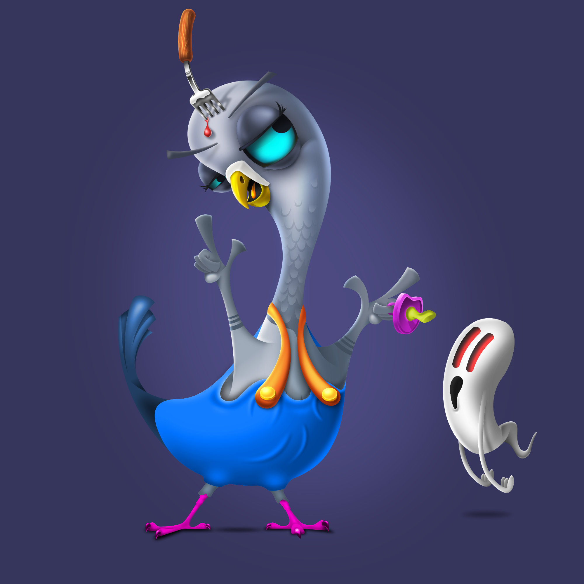 Farmer Pigeon with an fork in his head and a ghost as a friend
