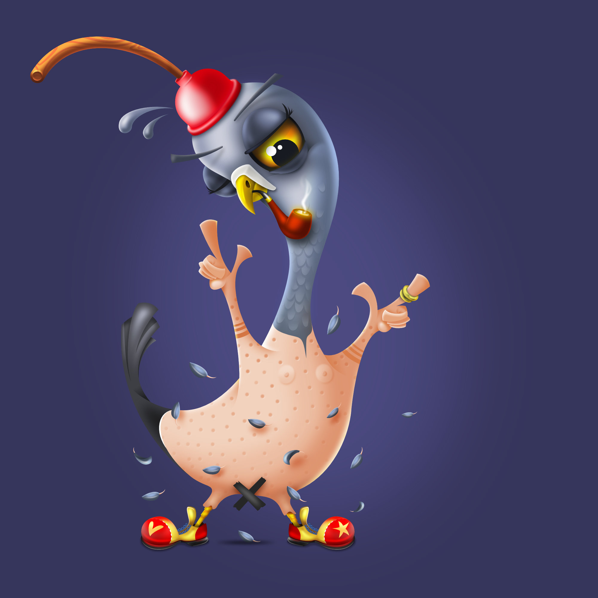 Naked Pigeon with clown shoes and a rubber toilet plunger