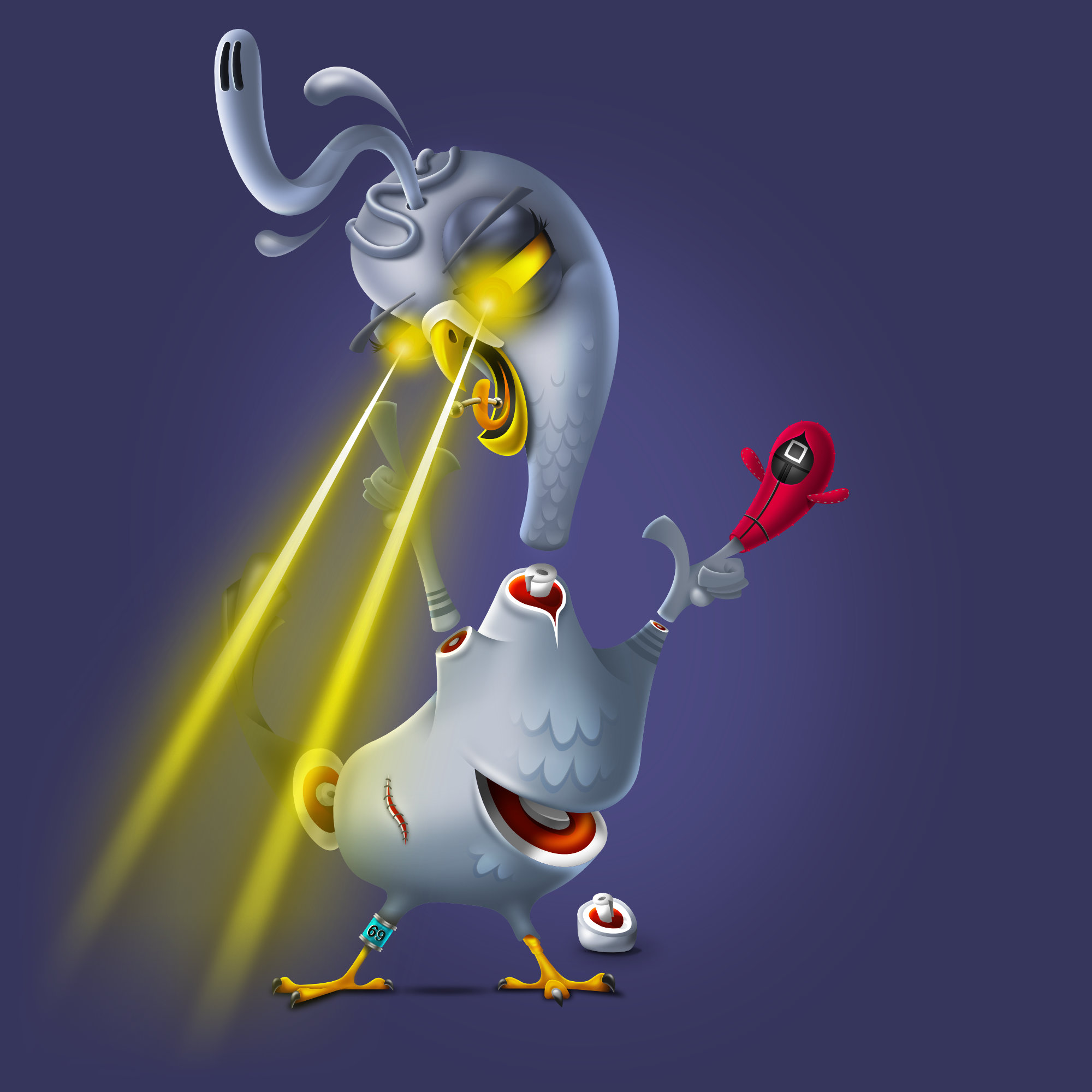 Horror body Pigeon with laser eyes and a worm out of his head